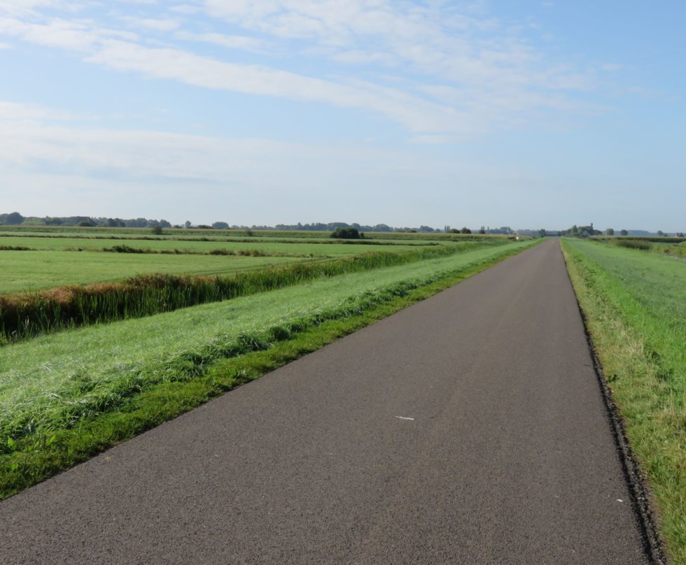 Foto van een landschap met een weg met aan weerszijden bermen, sloten en weilanden. In de verte is een gemaal te zien